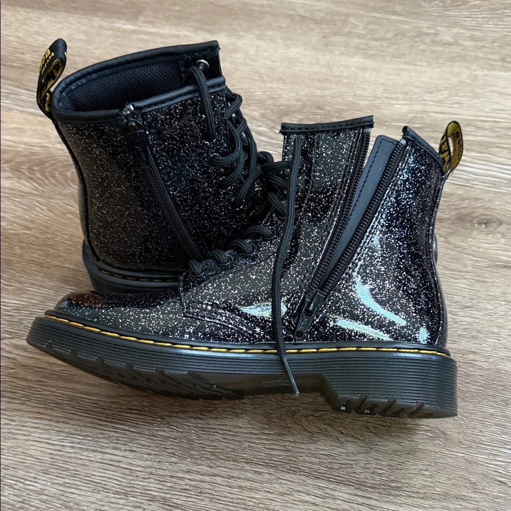 Dr. Martens Black Glitter Kids Boots with Turquoise & Purple Flower Patches